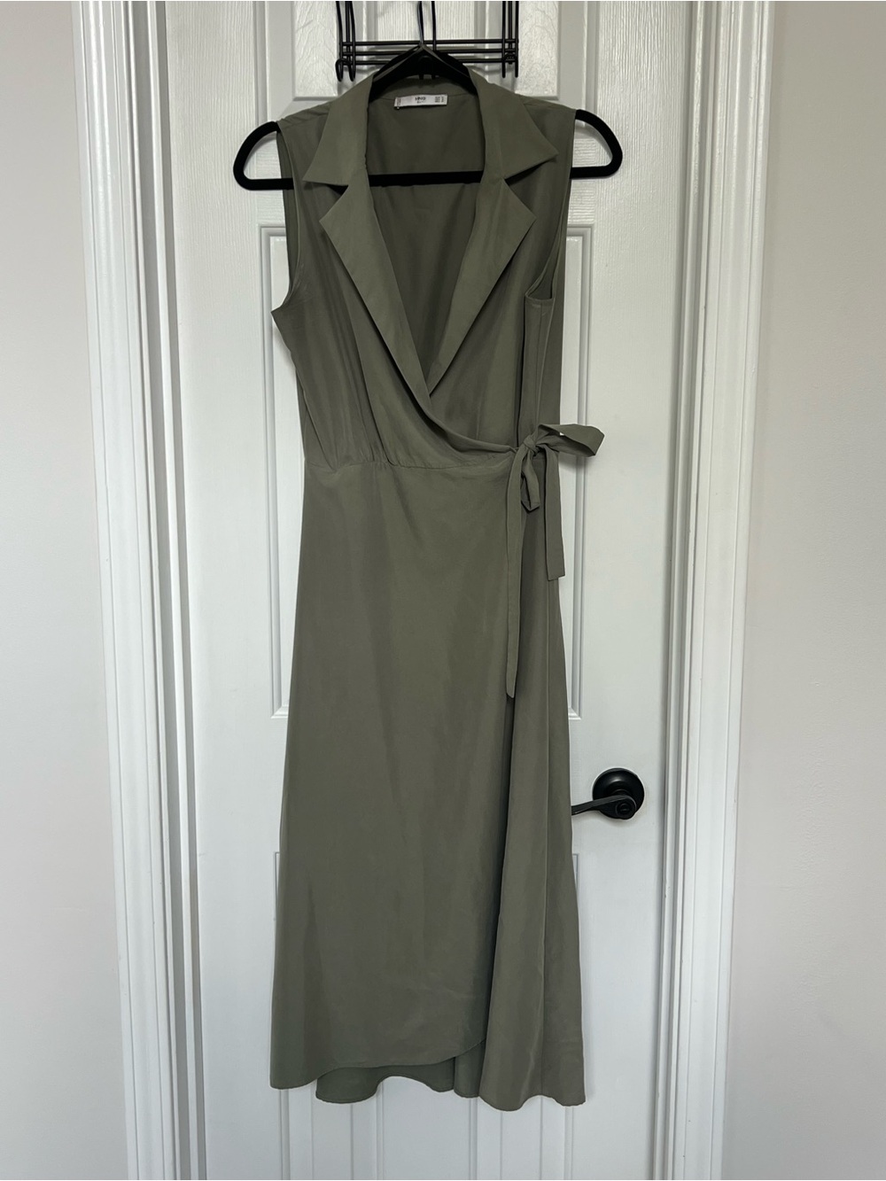 Mango Olive Green Sleeveless Wrap Midi Dress with Notch Collar